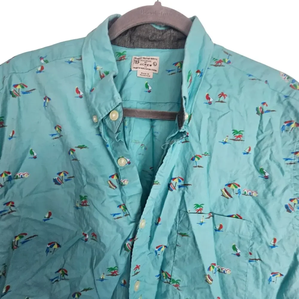 J. Crew Mens Cotton Beach Print Button Down Shirt Sz L Summer Resortwear Travel